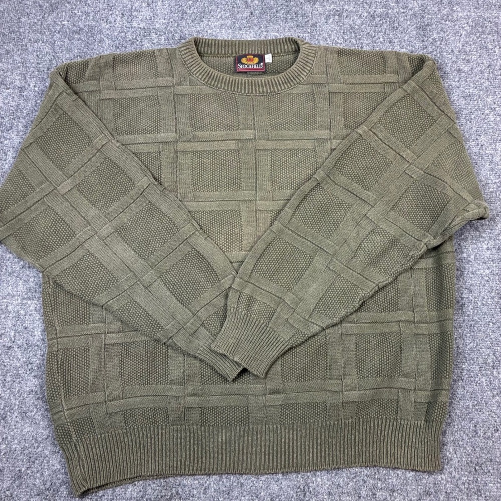 Vintage Sedgefield Mens Large Olive Green Cotton Grid Knit Crewneck Sweater USA